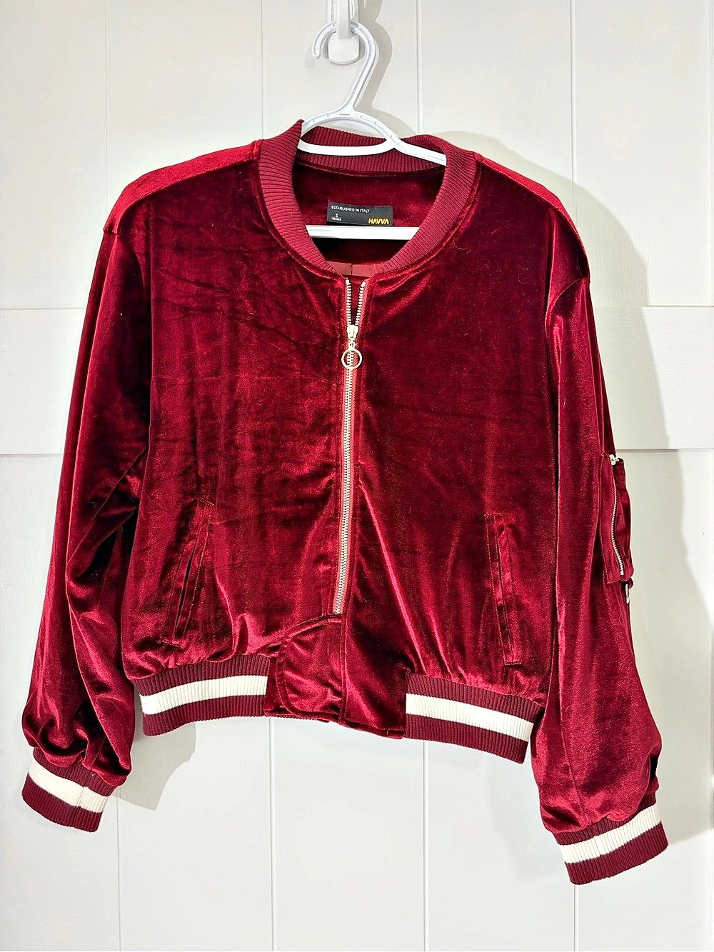 HAVVA Velvet Varsity Jacket in Red Size Small
